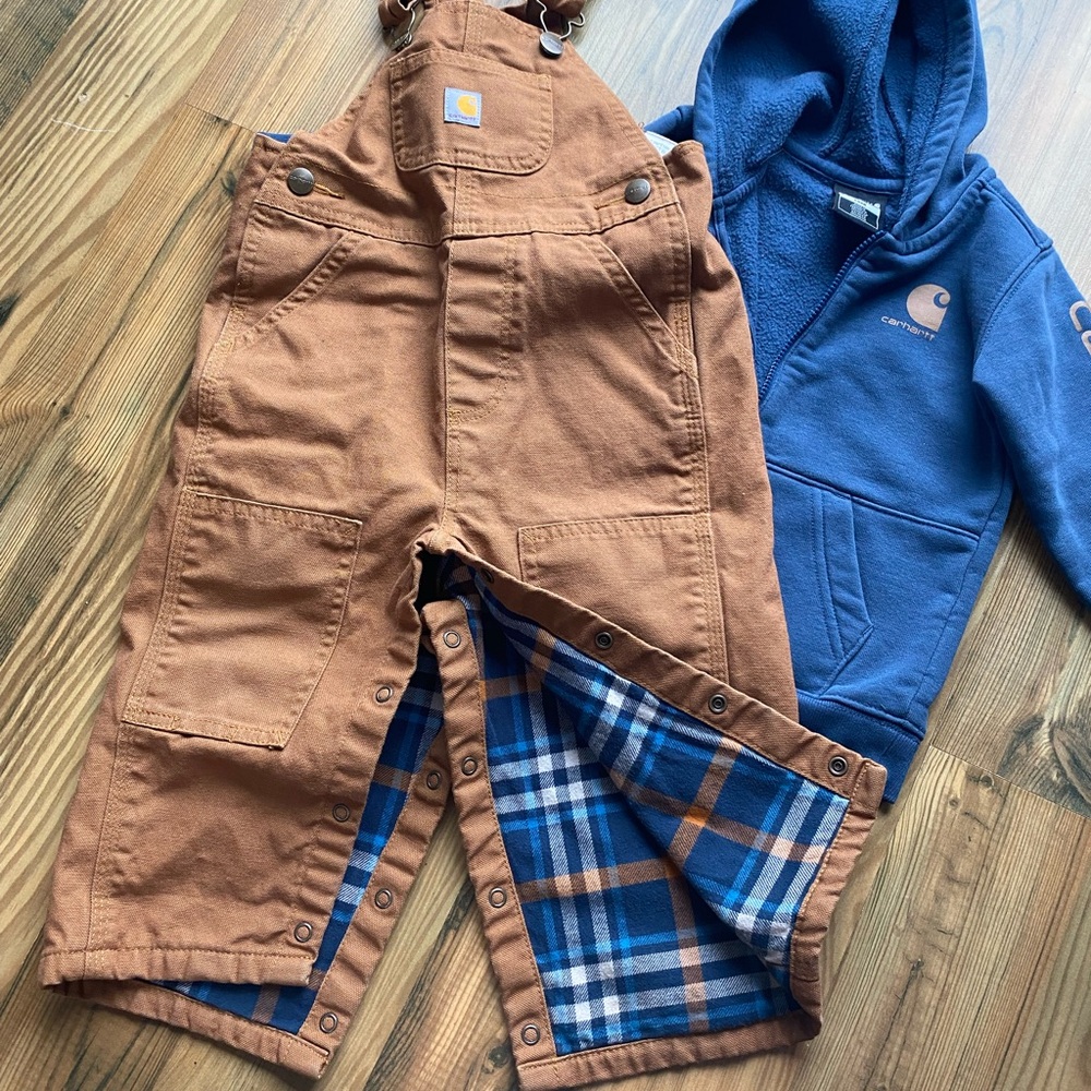 Carhartt Brown Kids Duck Canvas Bib Overalls with Plaid Lining and hoodie
